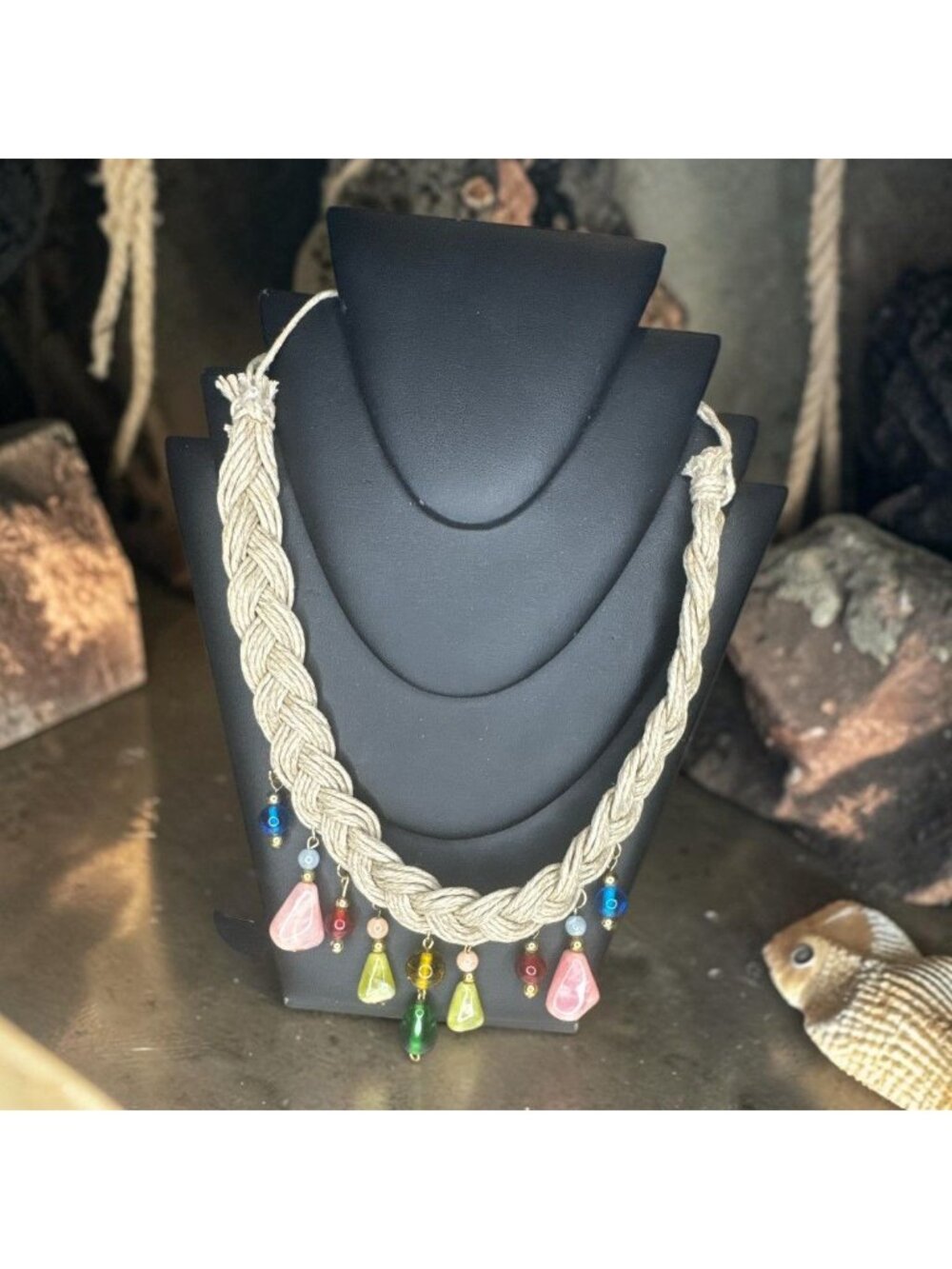 Handwoven Rope Necklace With Colorful Glass Beads Adjustable 16 Inches